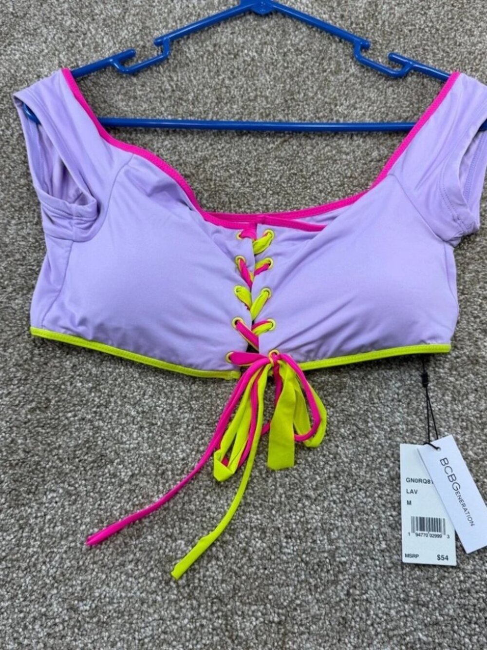 BCBGeneration Womens Lavender Neon Lace Up Cap Sleeve Bikini Top M Swim Summer